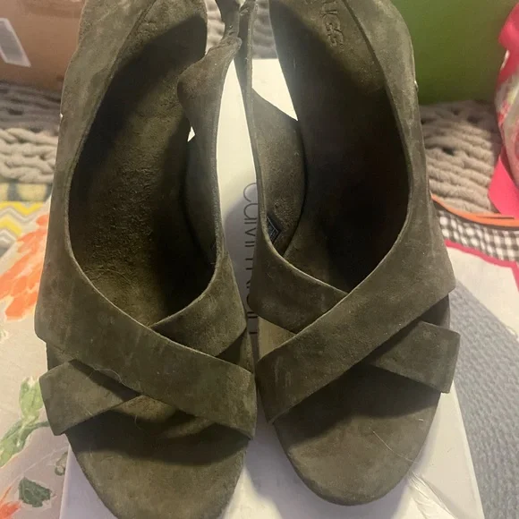 UGG GREEN SLINGBACK OPEN TOE SUEDE WEDGES - Picture 5 of 7